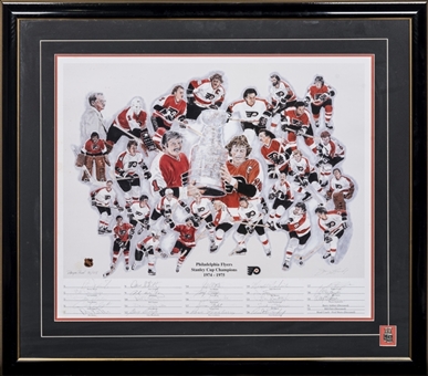1974-75 Philadelphia Flyers Stanley Cup Champions Team Signed Litho With 23 Signatures in 29x33 Framed Display (SGC)